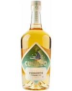 Lys gylden Cucielo Bianco Vermouth-flaske med solnedgangsinspireret etiket